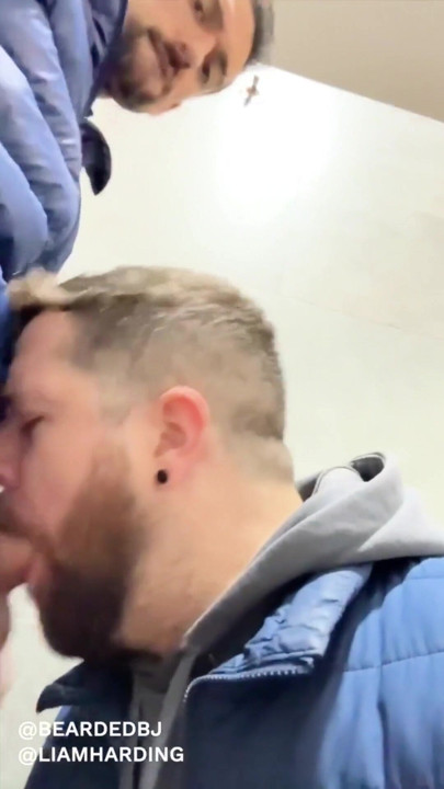 hot daddy with big cock gets sucked in public bathroom by sexy bear | Clip 1