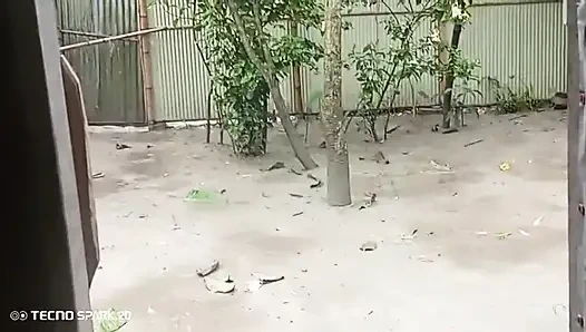 Girl Sweeping the Yard Naked in the Rain - Outdoor Scene