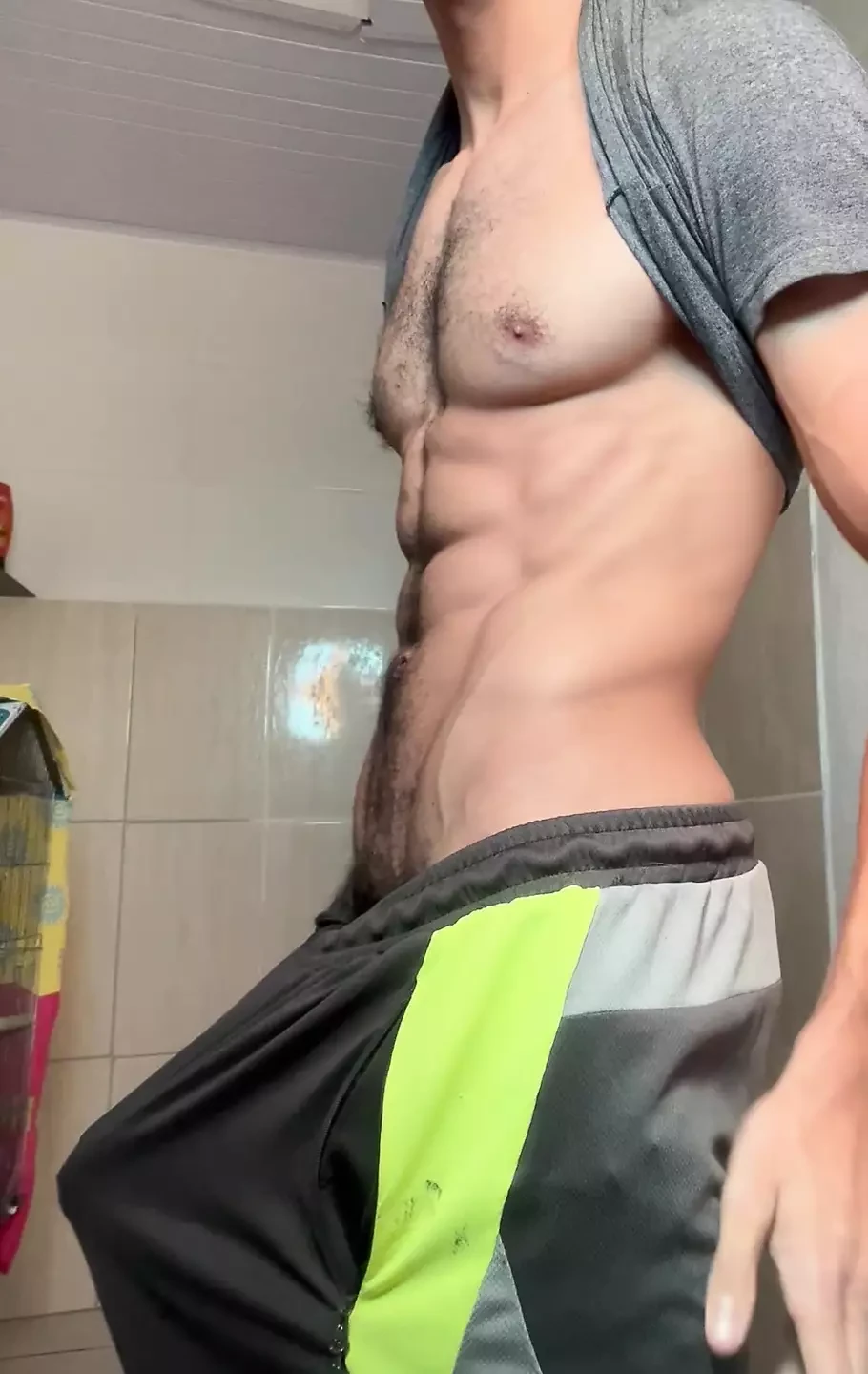 Hairy cock showing off in the bathroom jerking off
