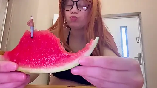 Giantess Stepsister Eats Watermelon and Tiny Stepbrother Watches Her Eat Watermelon Deliciously Then Giantess Stepsister