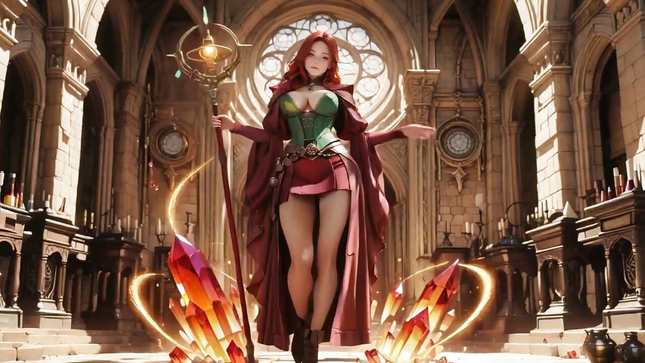 ¡Hechicera pelirroja despierta! Arrodillada en la catedral gótica, halos dorados la rodean mientras levanta la falda.