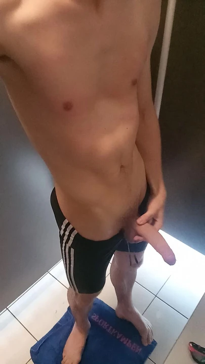 Young Twink With Bog Dick Bulges In Adidas Swimsuit After Swim