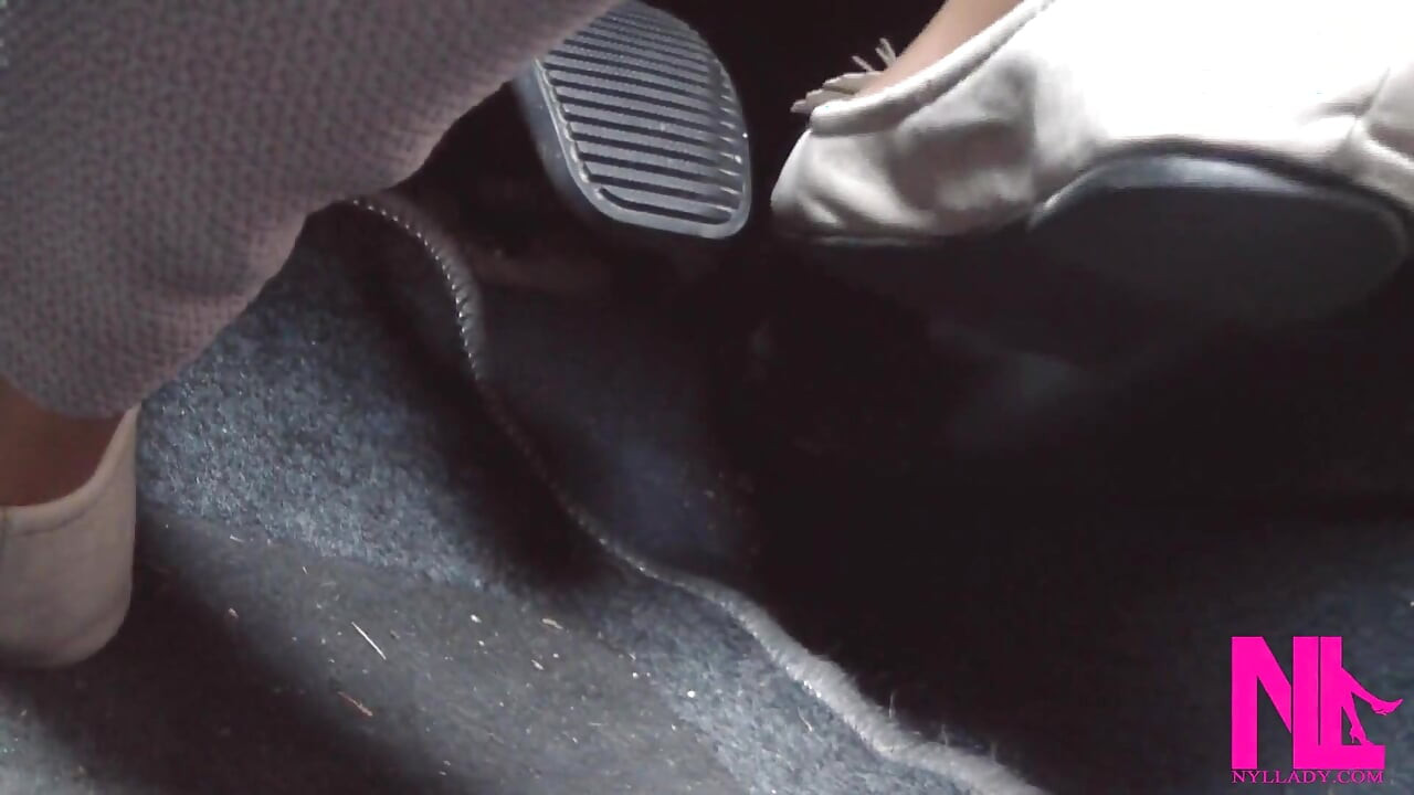 Soft Revving and Delicate Pedal Pumping in Beige Flats on Hosed Feet
