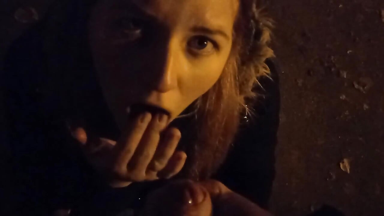 Collegegirl sucked on the street near the house and got cum in her mouth