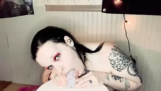 Slut GothBunny gagging on her dildo