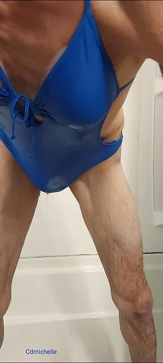 Cdmichelle Taking a Shower Wearing Blue Swimsuits Jacking off Till Cum