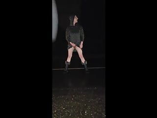 Horny femboy strips and cums on the road!
