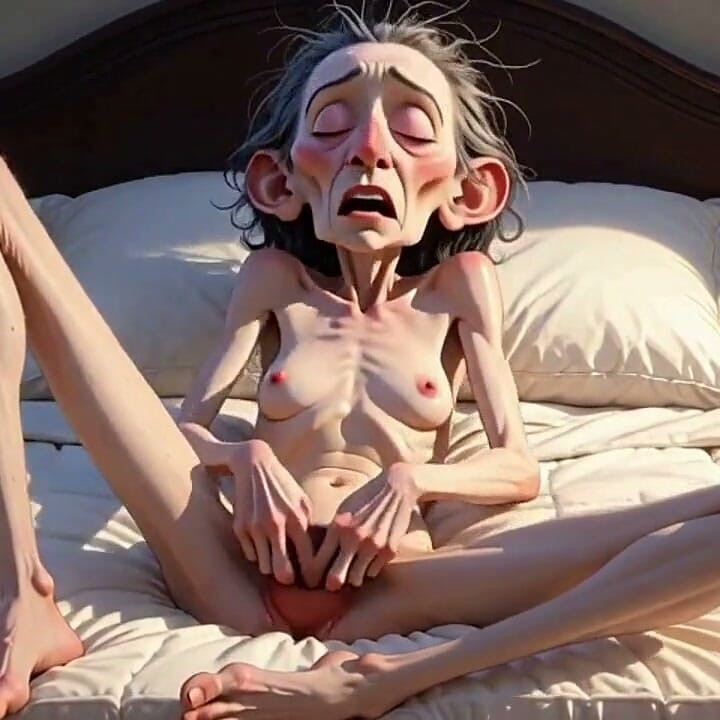 Extremely Skinny Old Woman Masturbates Her Tight Pussy with Her Fingers
