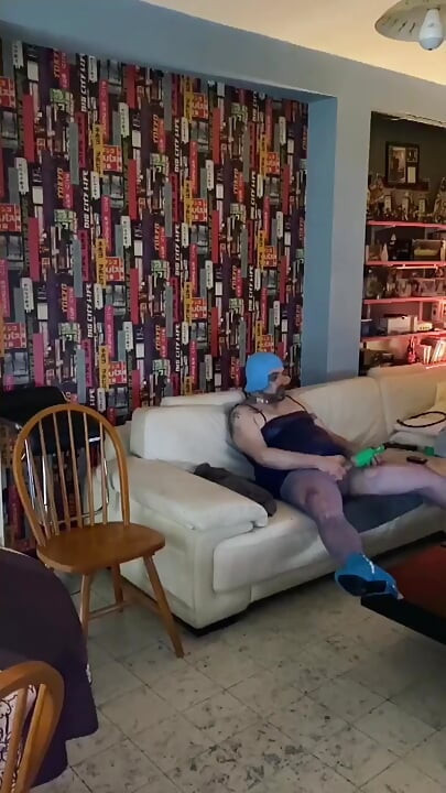 Dirty sissy whore in blue outfit playing hard ass to mouth sex