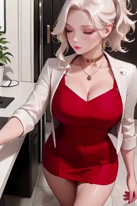金髮秘書辦公室的秘密！紅色連衣裙緊貼曲線，米色西裝勉強容納她的豐滿