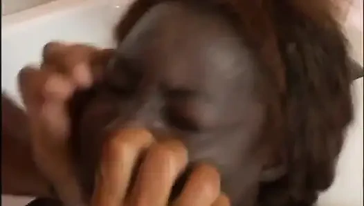 Black maid pussy fucking big cock sucking in the bathroom...cum in mouth