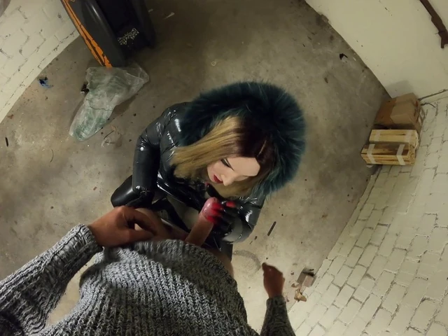 Svenja sucks huge cock in shiny down jacket