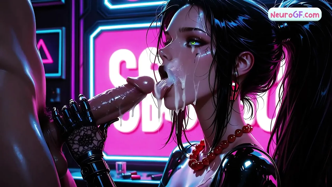 Black-haired cyber slut rips off her dress & gets fucked deep on the neon bar