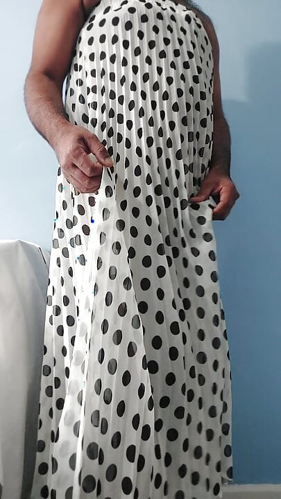 I'm masterbating wearing a Silk Seethrough chiffon black and white polka dots pleated Skirt