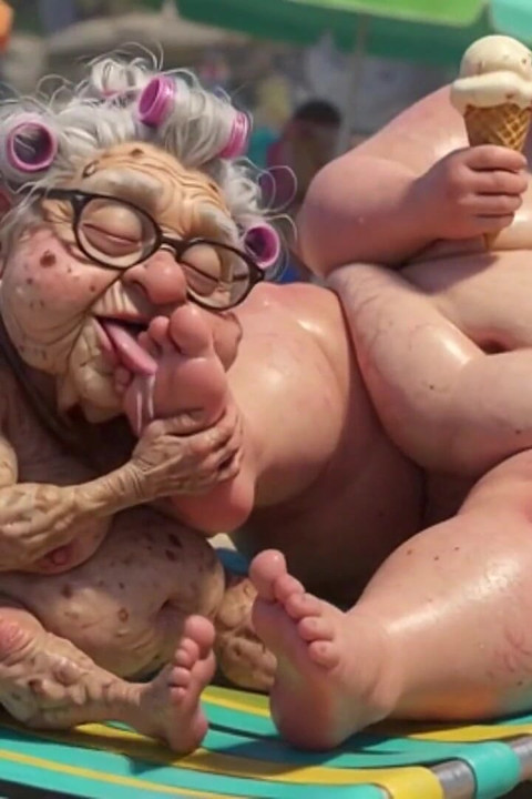 Elderly Granny Passionately Sucking BBW Feet on the Beach