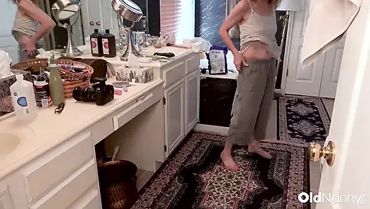 OldNanny - Curly Blonde MILF Strips And Gives Wet Shower Blowjob