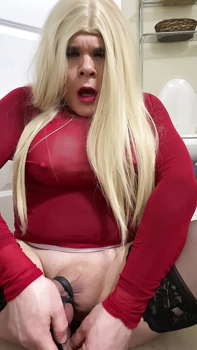 Horny amateur crossdressing trans uses anal vibrator cock ring and tack pussy to masturbate in stockings and heels