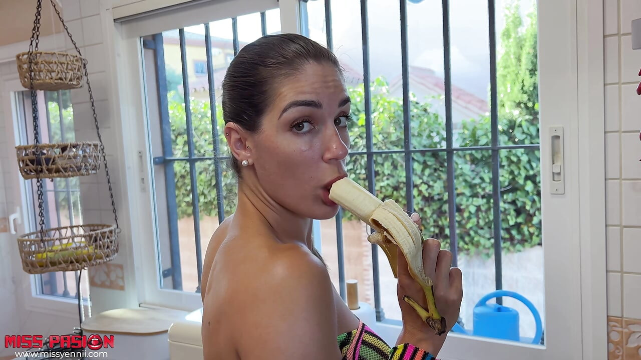 Stepsister eating a banana in my kitchen, I shouldn't have walked in