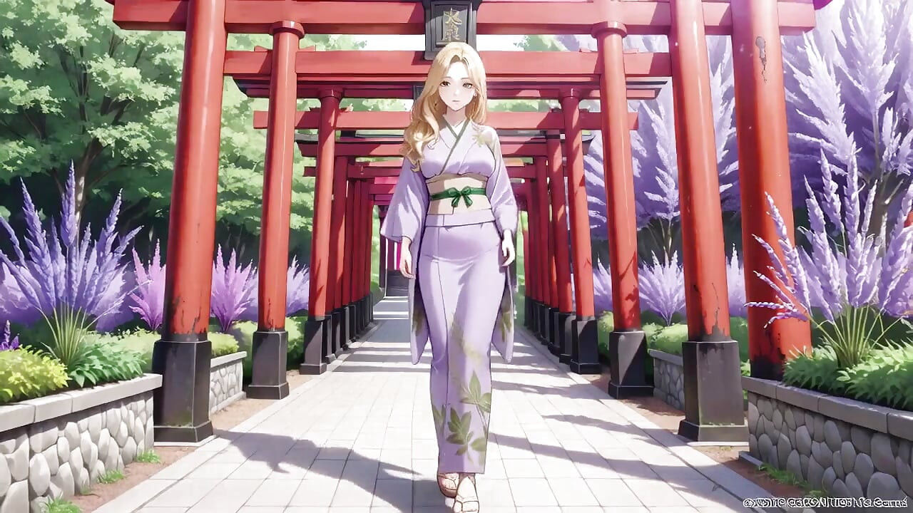 Blonde in Lavender! Kneeling Barefoot Under the Red Torii Gate, Her Andouf Fluttering in the Breeze