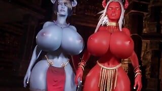 Deux nanas monstrueuse sexy aux seins énormes rebondissent l’une en l’autre