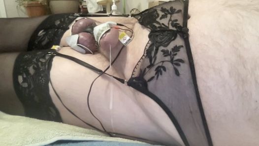 Estim pulse twitches and a vibrating finger in sissy's ass for a hands free cumshot