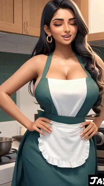 Trenutak padanja vili iz smešne kuhinje indijske žene (Ai model)"
