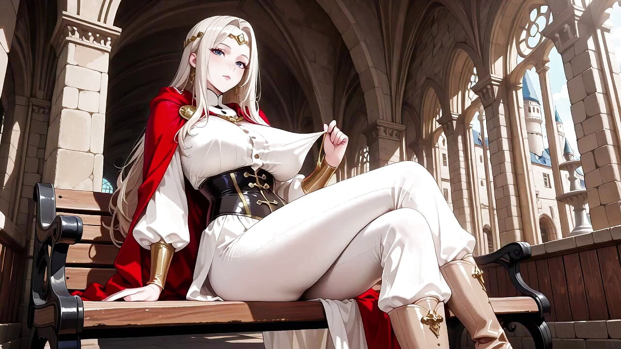 Languid Reading in a Gothic Library, White Robe and Red Cape, Hand Resting Gracefully with Half-closed Eyes.