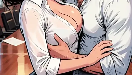 Lonely office slut frees locked-in coworker then gets her holes destroyed by three hard cocks on the conference table.