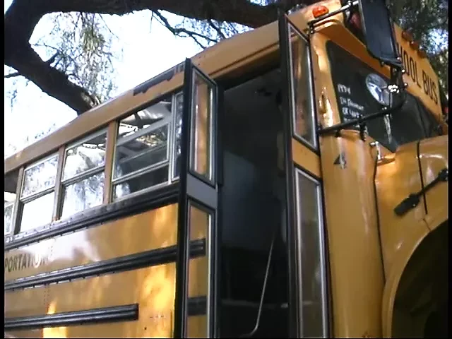 Cute schoolgirl takes it from behind on a school bus