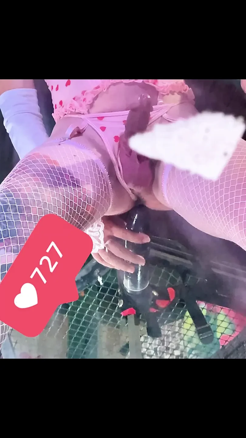 Pink Stocking Lingerie Shemale Riding Black Dildo on the Wall