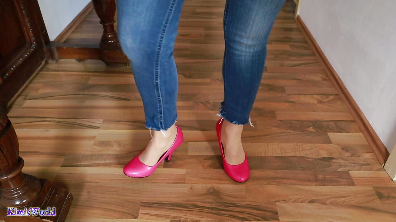 Pink Heels on Wood - Seductive Clicking and Jeans Tease Asmr