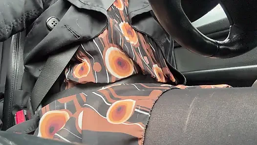 Elegant stepmom drives to the office wearing tights and a beautiful dress