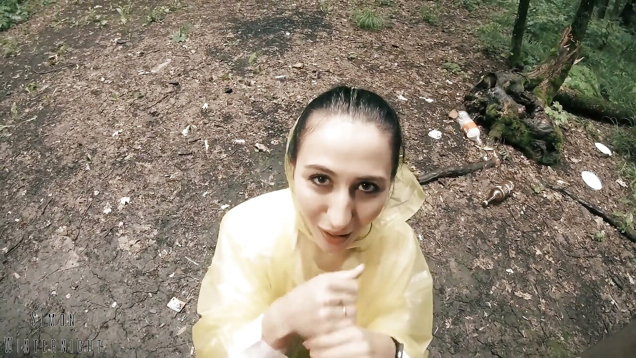 Black Lynn in Yellow Raincoat Sucking Cock in the Woods - Outdoor Blowjob and Cum in Mouth