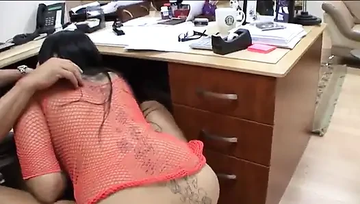 Two babes suck cock in office