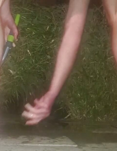 Clean Pressure Enema with Ass Lips and Pissing - Outdoor Garden Hose Anal