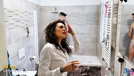 The Wife with Jeans and a Shirt Enters the Tub Dressed to Suck Cock!