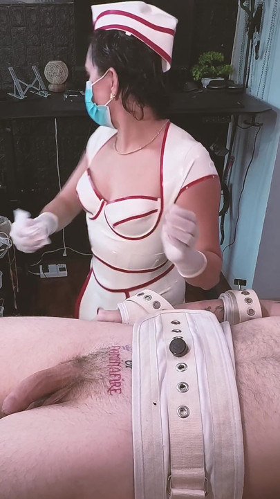 Latex Nurse Dominafire Sounds & Milks Bound Slave in Segufix