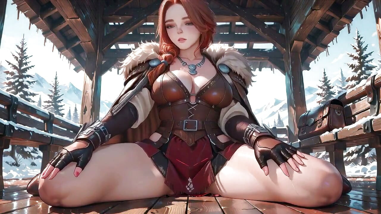 From Snowy Armor to Bedroom Sunset, She Sits Bare-chested with Arms Crossed, Eyes Hazy and Shy.