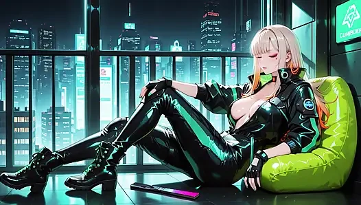 Neon Rain Night! Blonde Agent in Wet Leather Crouching Low, Holographic Glow & Cold Glances.
