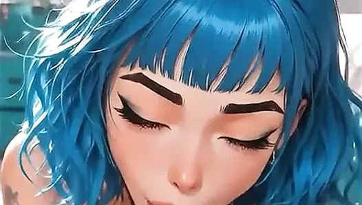 Alternative blue-haired AI girl gives a blowjob and gets cum in her mouth