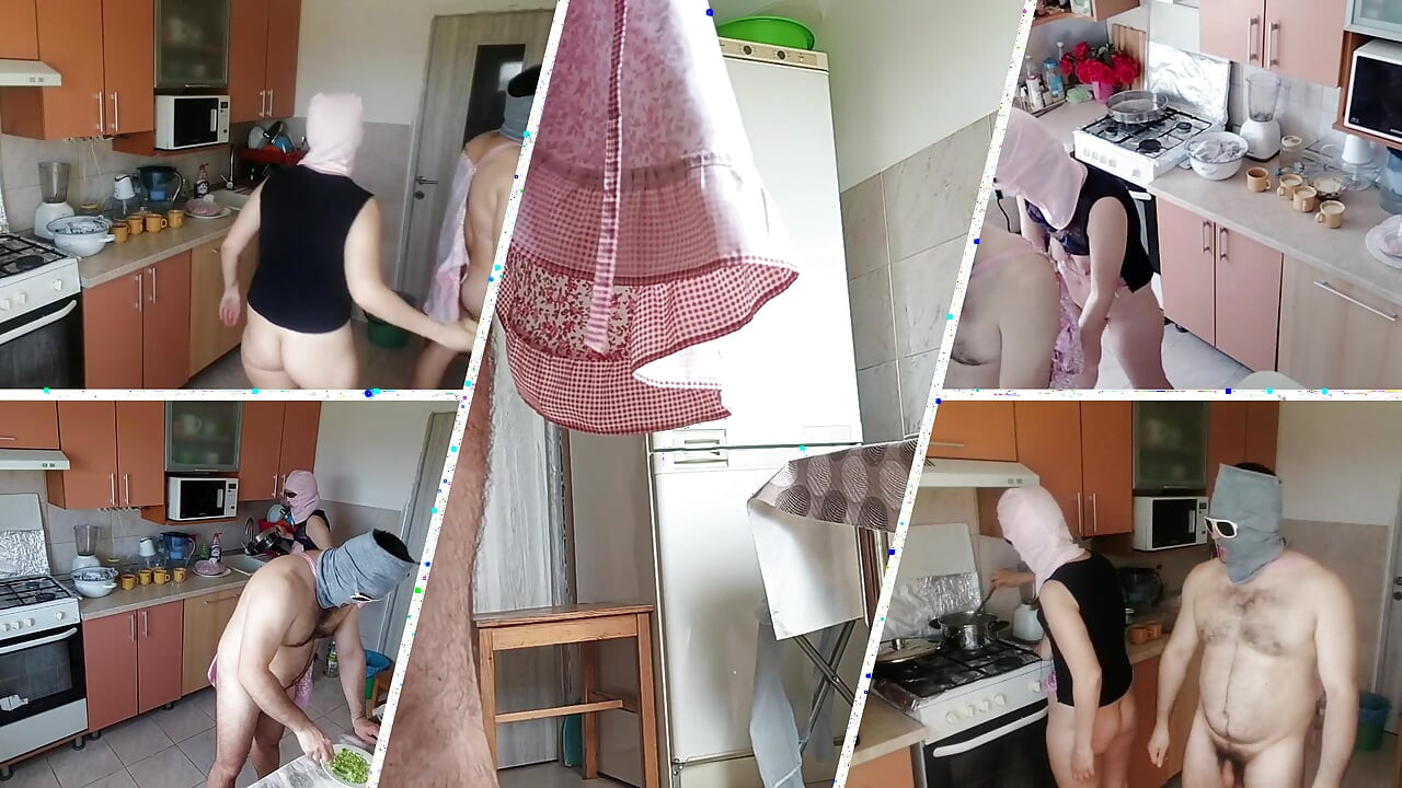 Amateur couple having fun in the kitchen. A sexy hairy brunette does the housework naked.