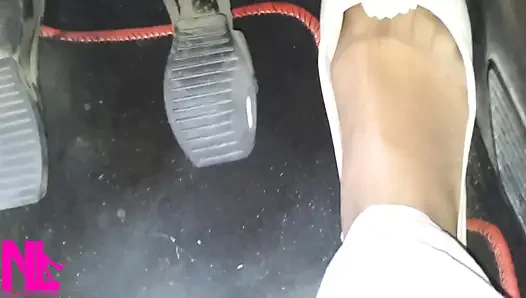 Pedal Pumping and Driving in Highway in Soft Worn Out Flats and Nylon Socks