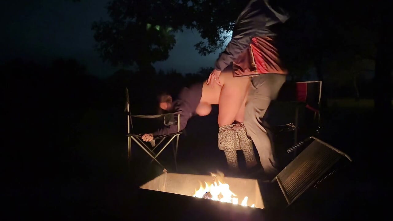 Wife caught masturbating in public restroom, then fucked by the campfire