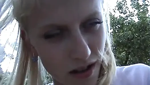 Skinny blonde girl fucking around the house
