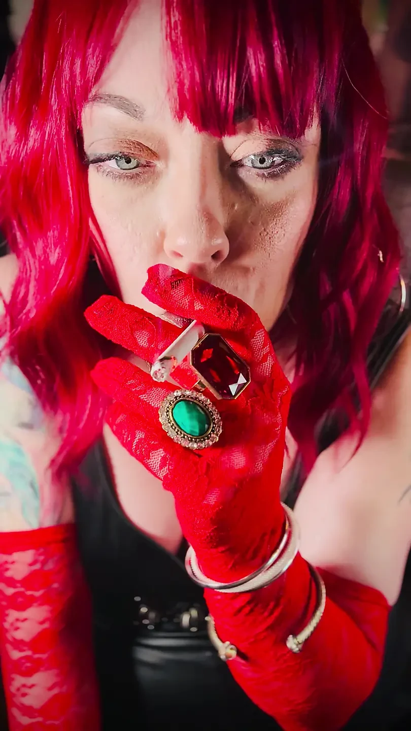 Stunnng Red Haired Cougar Tina Snua Smokes A Cork 100 Cigarette In Red Lace Gloves - Smoking OMI Snap Inhales Nose Exhales