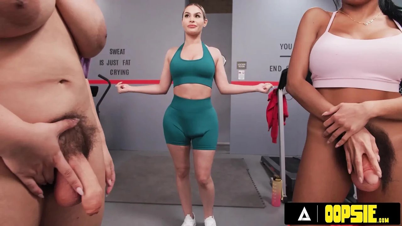OOPSIE - Two Babes Distract Nicole Aria's Gym Session Turning Into Futa Threesome Cum Fest
