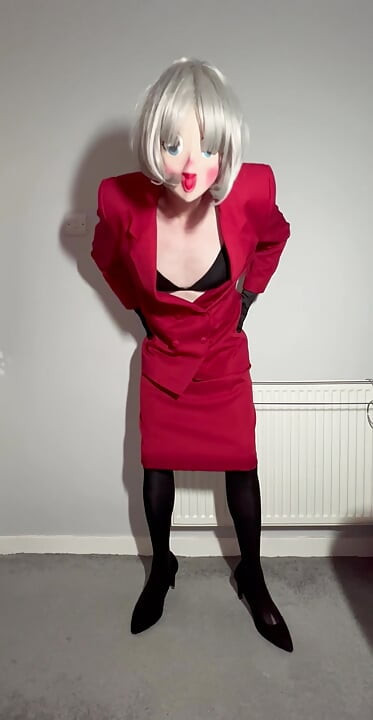 Sissy crossdressing in a skirt suit