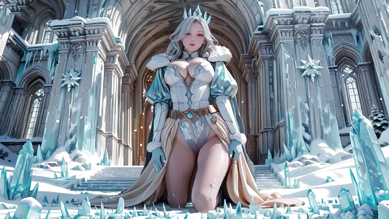 Silver-Haired Ice Queen! Kneeling in the Frozen Castle, her cold armor hides so many secrets. Hand on chest, biting lips...