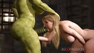 Futa Orc с огромным хуем жестко трахает сексуальную блондинку-шлюшку в замке