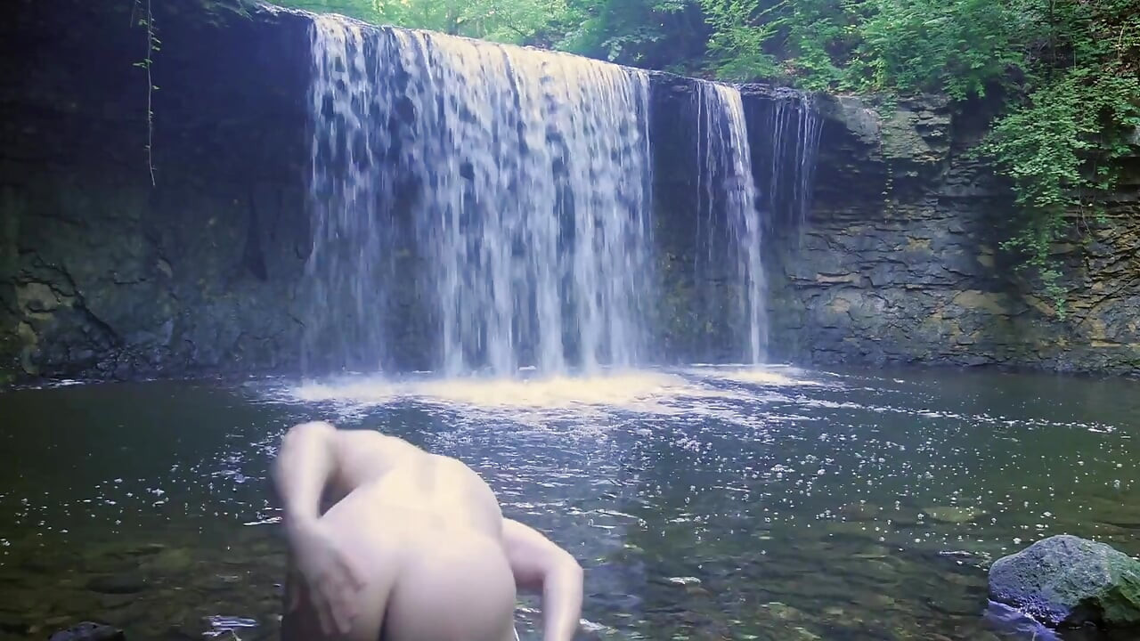 Muscular Asian Hunk Flexes in Speedo by Waterfall - Tight Ass & Hole Tease, Strips Naked & Explodes with Massive Cumshot